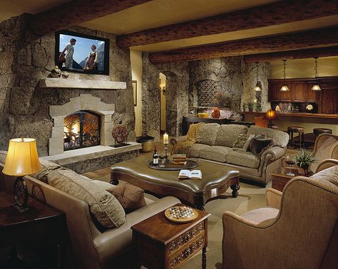 Man Cave by Qtect, via Flickr Den With Fireplace, Basement With Fireplace, Sofas Facing Each Other, Living Room With Ottoman, Man Cave Living Room, Man Cave Design, Rustic Basement, Yabu Pushelberg, Man Cave Room