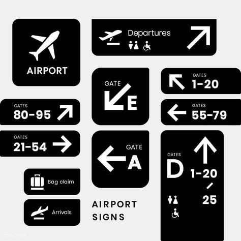 Airport signs icon vector set | free image by rawpixel.com / wan Sign System Design, Airport Graphic Design, Airport Logo, Airport Theme, Airport Signs, Corporate Signs, Airport Map, Wayfinding Signage Design, Sign System