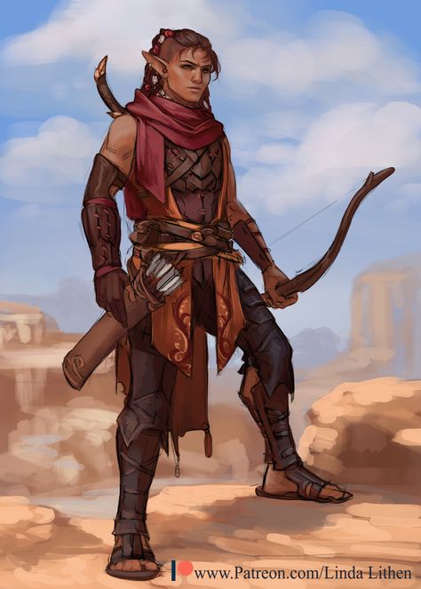 Kobold Art, Ranger Dnd, Desert Outfit, Dnd Elves, Elf Warrior, Elder Scrolls Art, Elf Characters, Dark Sun, Pathfinder Character