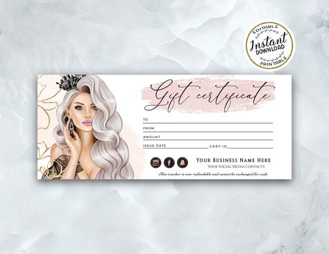 Salon Gift Certificate Template Salon Gift Voucher, Rose Gold Salon, Gold Salon, Editable Certificates, Salon Gifts, Printable Gift Cards, Gift Certificate Template, Gift Voucher, Gift Certificate