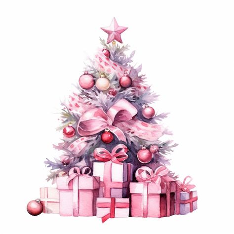 Pink Christmas Tree Clipart, Pink Christmas Painting, Christmas Tree Scene, Tree With Presents, Mary Kay Christmas, Pink Christmas Wreath, Bride And Groom Silhouette, Christmas Tree Kit, Tree Scene