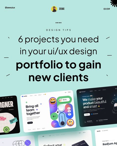 Zee • UI UX Designer & Agency Owner on Instagram: “Here are the 6 projects you need to have in your portfolio to win more clients. Follow for more awesome content🔥 #designportfolio…” Design Agency Portfolio, Ui Portfolio, Ux Design Portfolio, Ui Ux Designer, Project List, Ux Designer, More Clients, Design Hack, Ui Ux Design