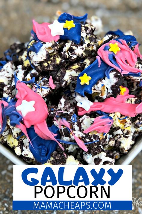 Get ready to blast off with this fun and tasty treat! Perfect outer space themed popcorn snack. Take popcorn (popped at home or storebought) and coat it with melted chocolate topped with star shaped sprinkles for this galaxy treat! Galaxy popcorn is the perfect snack idea for your favorite little astronaut. Great idea for birthday parties, too! #recipe #popcorn #galaxy #space #mamacheaps Rv Hack, Chocolate Galaxy, Space Snacks, Popcorn Recipes Easy, Trailer Camping, Rv Bathroom, Popcorn Snacks, Food Art For Kids, Rv Kitchen