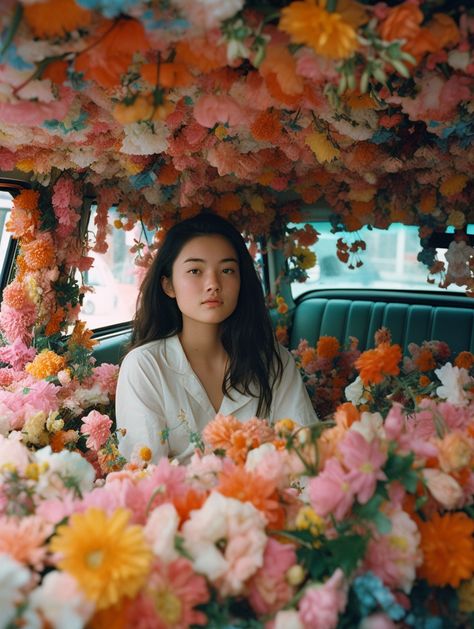 Mid Journey Prompts, Prompts Ideas, Dog Pop, Studio Portrait Photography, Creative Poses, Surrounded By Flowers, Woman Sitting, Decor Signs, Film Inspiration