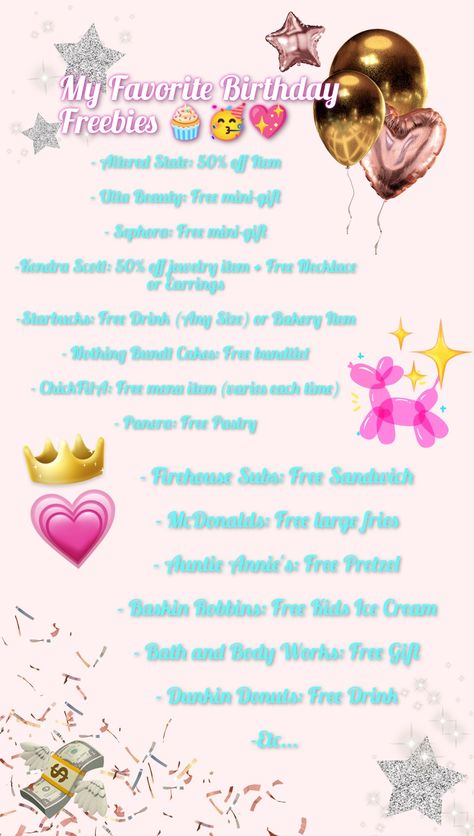 This is my opinion, but here are some of the best things you can get for free on your birthday or during your birthday month! Enjoy! 🧁🥳💖 Places To Eat On Your Birthday, Places To Go For Free Things On Your Birthday, What Can I Get For Free On My Birthday, Free Things You Can Get On Your Birthday Stores, Places You Get Free Things On Your Birthday, Aesthetic Things To Do On Your Birthday, Where Can I Get Free Stuff On My Birthday, Birthday Month Freebies, What Can You Get Free On Your Birthday