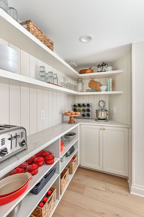 Keep your main kitchen counters free of clutter by storing your small appliances (toaster, stand mixer and coffee maker) in your pantry. Toaster In Pantry, Kitchen Pantry For Appliances, Appliances In Pantry Shelves, Kitchen Pantry With Countertop, Wrap Around Pantry, Pantry Built In Shelves, Small Pantry With Countertop, Pantry With Counter, Pantry With Appliance Counter