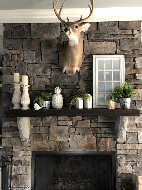 Deer Mount Fireplace, Deer Mount Living Room Decor, Fireplace Mantel With Deer Head, Deer Head Mantle Decor, Deer Over Fireplace, Mantle Decor With Deer Mount, Fireplace Decor With Deer Mount, Mantel Decorating Ideas With Deer Mount, Deer Mount Above Fireplace