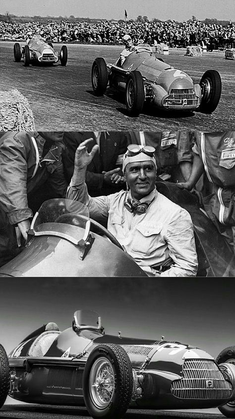 1950 Italian GP at Monza - Winner and first F1 World Champion Nino Farina.  The 1950 Italian Grand Prix was the first Formula One Grand Prix held at Monza. Italian driver Nino Farina piloted his Alfa Romeo to victory in the race (pictured), and based on season points, claimed the very first F1 World Driver's championship at his home race. Old F1, Silverstone F1, Vintage F1, Historical Eras, Italian Grand Prix, Formula Racing, Racing Drivers, Orient Express, Formula 1 Car