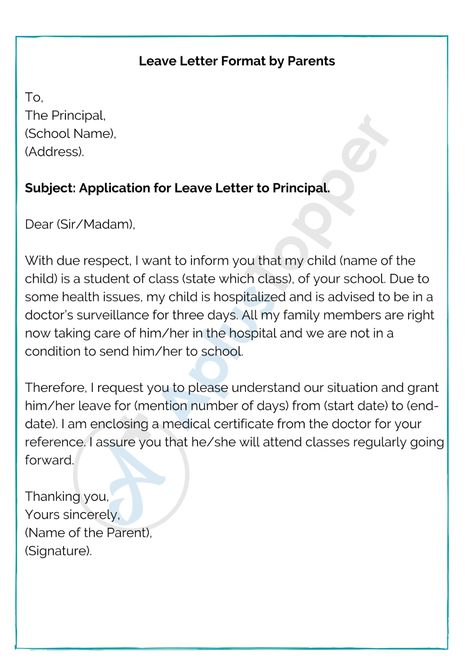 Leave Letter for School | How to Write a Leave Application for School? Format and Rules - A Plus Topper Application For Absence In School, Excuse Letter For Being Sick In School, Leave Letter Format For College, Leave Letter Format For School, Leave Letter For School, Sick Leave Application For School, Leave Application For School, Letters For Parents, School Leave Application