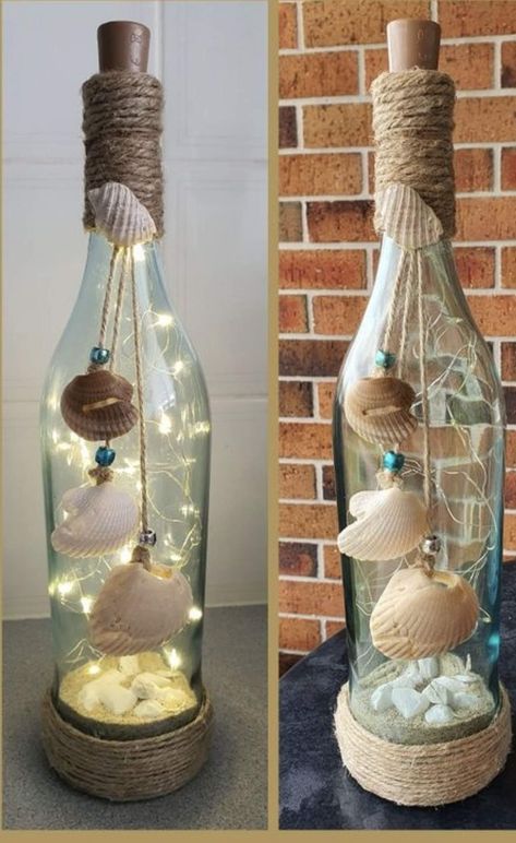 Wine Bottle Sea Shell Craft, Seashell Bottle Crafts, Beach Bottle Decor, Beach Wine Bottle Crafts, Wine Bottle Crafts Christmas, Beach Crafts Diy, Seashell Art Diy, Beach Themed Crafts, Glass Bottle Diy