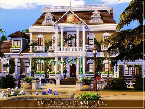 Dorm House Exterior, Sims 4 Britechester, Dorm House, Ts4 Lots, Sims4 Builds, Living Room Sims 4, Fraternity House, The Sims 4 Lots, University Housing