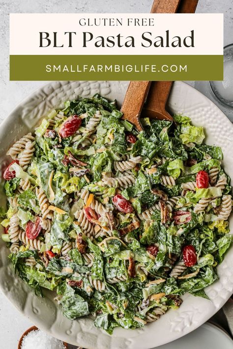 This easy recipe for gluten free BLT pasta salad is a delicious side dish full of veggies. It's a cold salad made with mayo, lettuce, tomatoes and bacon. The creamy dressing makes this healthy pasta salad recipe over the top good! Lite Pasta Salad, Pasta Salad Recipes Gluten Free, Hearty Pasta Salad, Gluten Free Cold Pasta Salad, Paleo Pasta Salad, Gluten Free Pasta Salad Recipes Cold, Gf Pasta Salad, Gluten Free Pasta Salad Recipes, Light Pasta Salads