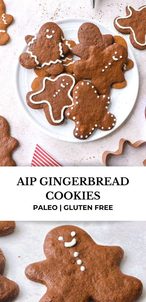 These gingerbread cookies are a holiday classic. They're slightly crispy on the outside, soft on the inside, perfectly spiced, AIP, paleo, grain and dairy-free. #aip #aiprecipes #paleo #paleorecipes #aipcookies #aipsugarcookies #holidaycookies #sugarcookies #grainfree #vegan #coconutfree #glutenfree #autoimmunedisease Aip Gingerbread, Gingerbread Aesthetic, Paleo Christmas Cookies, Paleo Gingerbread Cookies, Aip Cookies, Aip Baking, Paleo Christmas, Aip Desserts, Paleo Cookies