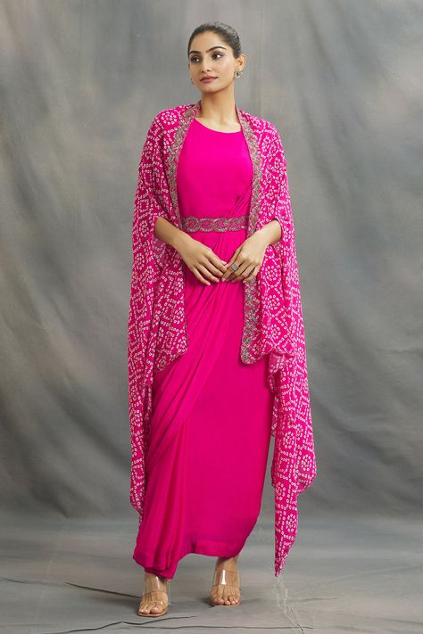 Buy Pink Chinon Silk Embroidered Thread Round Pre-draped Saree Gown With Cape For Women by Nazaakat by Samara Singh Online at Aza Fashions. Draped Saree Gown, Asymmetric Cape, Corset Draping, Cape Women, Gown With Cape, Saree Gowns, Drape Sarees, Cape For Women, Draped Saree