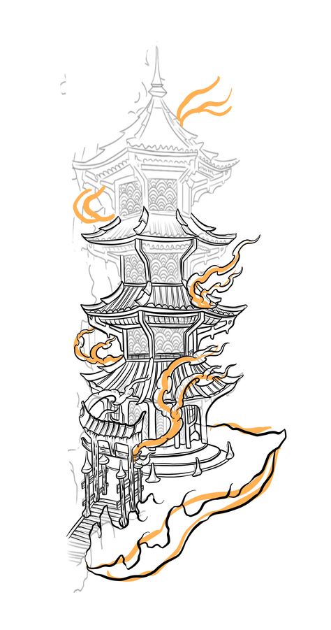 Japanese Bridge Tattoo, Chinese Tower Tattoo, Temple Tattoo Stencil, Japanese Temple Tattoo Stencil, Japanese Building Tattoo, Japanese House Tattoo, Japanese Horror Tattoo, Japanese Pagoda Tattoo, Pagoda Tattoo Design