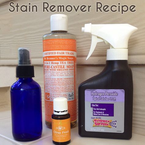 Homemade super simple stain remover: Castile soap, Hydrogen Peroxide, and a few drops essential oils (citrus). Perfect for cloth pads!    1 part Castile Soap  2 parts Hydrogen Peroxide  1-2 drops Citrus Fresh or Lemon Essential Oil  Mix together and spray or pour directly on stain  #clothpad #stainremover #homemade #recipe #ecofriendly #femininecare #periodpositivity (recipe from greenchildmagazine) Natural Stain Remover, Diy Stain Remover, Diy Staining, Grass Stains, Deep Cleaning Tips, Natural Cleaners, Young Living Oils, Homestead Survival, Diy Cleaners