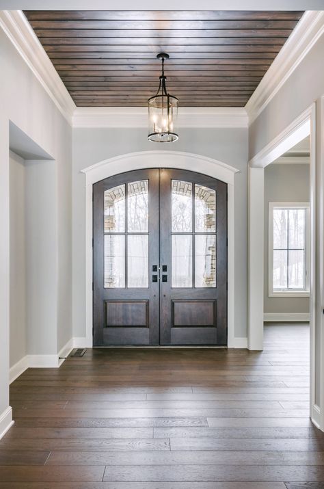 Sloped Tray Ceiling, Entry Way Ceiling Design, Entry Ceiling Ideas, Entry Lights Foyers Entryway, High Ceiling Entryway Ideas, Entryway Ceiling Ideas, Entry Foyer Ideas Entrance, Foyer Ceiling Ideas, Hacienda Kitchen Decor