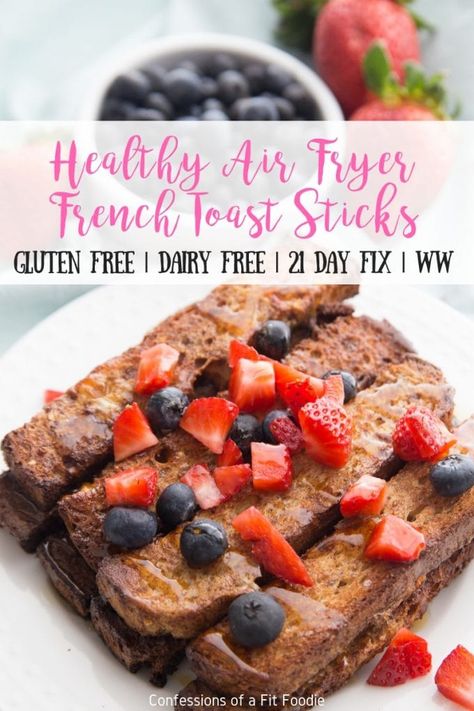 These Healthy Air Fryer French Toast Sticks are so quick and easy to make even on your busy mornings.  Or, I love to make a bunch, freeze, and just reheat to make mornings even easier!  Perfect for the 21 Day Fix and Weight Watchers.  No Air Fryer?  I have oven instructions for you, too! #healthyairfryer #21df #ultimateportionfix #confessionsofafitfoodie Airfryer Ideas, Air Fryer French Toast Sticks, Dairy Free French Toast, Gluten Free Weight Watchers, Air Fryer French Toast, 21 Day Fix Breakfast, Ww Breakfast, Healthy Air Fryer, Best French Toast