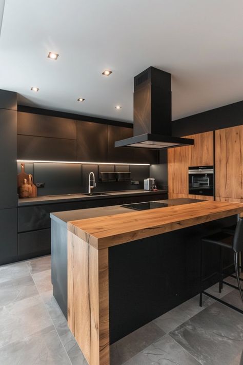 Black And Wood Kitchen, Barndo Kitchen, Kitchen Cabinets Drawing, Modern Minimalist Kitchen, Latest Kitchen Designs, Room Looks, Sleek Kitchen, Kitchen Design Plans, Modern Kitchen Cabinets