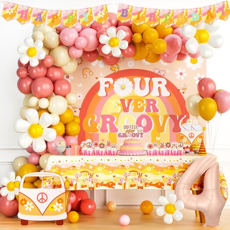 PRICES MAY VARY. 【GROOVY BRIGHT 4TH BIG DAY】🌼 Celebrate this wonderful day with a trendy and cute party! Orange and pink, with lovely daisy create a warm atmosphere. This boho decoration is perfect for your little sweetie’s 4th birthday party and a fun way to make a difference for everyone involved! 【FOUR EVER GROOVY PARTY DECORATIONS GIRl SET】🧡 80 x 12’’ latex balloons, 40 x 5’’ latex balloons, 6 x daisy foil balloons, 1 x number ‘4’ foil balloon, 1 x ‘FOUR EVER GROOVY’ backdrop, 1 x tableclo 4 Themed Birthday Party Girl, Four Themed Birthday Party Girl, Fourever Groovy Birthday Cake, Groovy 4th Birthday Party, Groovy Fourth Birthday, Groovy Eight Birthday, Four Ever Young Party Theme Girl, Girl 4th Birthday Party Ideas, Four Ever Groovy Birthday