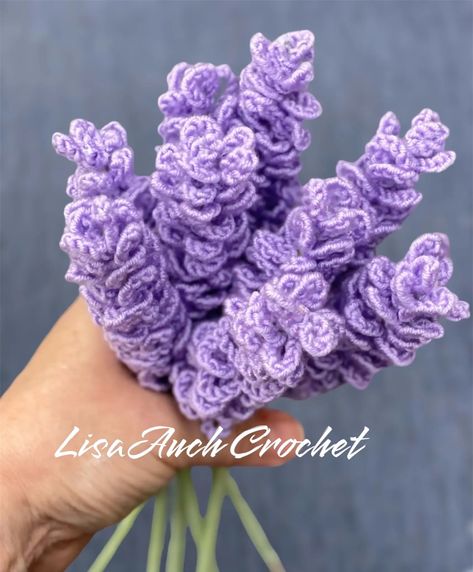 Lavender Crochet Flower Bouquet Crochet Patterns Flowers Free, How To Crochet A Lavender Flower, Crochet Lavender Flower Free Pattern, Crochet Flowers Lavender, Crochet Flower Bouquet Free Pattern, Crochet Wisteria, Crochet Flower Pattern Free, Odd Crochet, Crochet Wisteria Flower Pattern Free