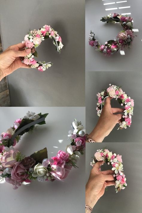 Flower Hairband Diy, Alice Bands, Flower Jewelry Designs, Pink Flower Hair, White Shells, Flower Hair Band, Brand Shoot, Silk Paper, Flower Band