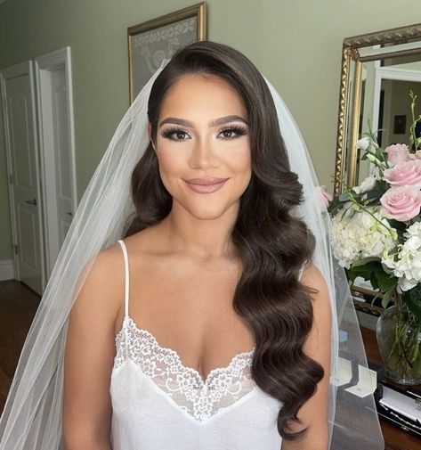 Voluminous Side Part Wedding Hair, Wedding Hair Down Behind One Ear, Old Hollywood Hair With Veil, Tucked Behind Ear Wedding Hair, Half Up Wedding Hairstyles With Veil, Bridal Half Up Half Down With Veil, Bride Hairstyles Brunette, Hollywood Waves With Veil, Bridal Hair Down With Veil