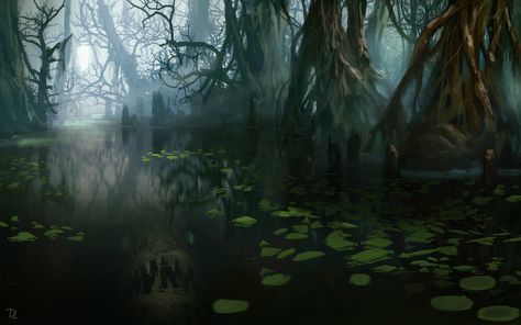 Denis loebner swamp predator Fantasy Places, Fantasy Concept Art, Fantasy Aesthetic, Fantasy Landscape, Fantasy World, Medium Art, Dark Aesthetic, Type 1, Dark Fantasy