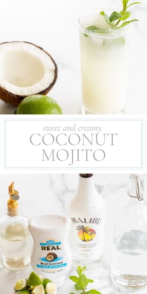 Just like a classic mojito, this version is filled with sweet and tart lime juice, simple syrup, mint and rum. However, it’s the addition of cream of coconut that takes it to a whole new level! A coconut mojito is a creamy, light and refreshing cocktail that is filled with the flavor of summer. Coconut Pineapple Mojito Recipe, Coconut Moscow Mule Recipe, Coconut Lime Mojito Recipe, Coconut Milk Mojito, Blueberry Coconut Mojito, Sweet Mojito Recipe, Cheesecake Factory Coconut Mojito, Coconut Mint Mojito, Coconut Cream Drink Recipes