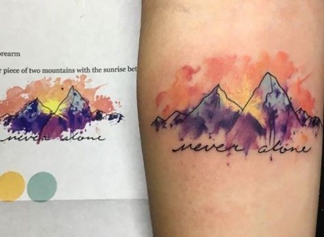 Mountain Tattoo With Color, West Virginia Mountains Tattoo, Colored Mountain Tattoo, Mountain Watercolor Tattoo, Colorful Mountain Tattoo, Watercolor Sunset Tattoo, Smokey Mountain Tattoo, Mountain Tattoo Color, Mountain Sunset Tattoo