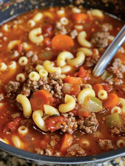 Beef And Tomato Macaroni Soup Crock Pot, Hamburger Macaroni Soup Crock Pot, Hamburg Macaroni Soup, Hamburger Pasta Soup Recipe, Macaroni Beef Soup, Macaroni Hamburger Soup, Hamburger Noodle Soup, Hamburger Soup With Macaroni, Beef Soup Crockpot