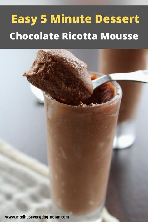 Heavenly Ricotta chocolate Mousse made with just 4 ingredients like coco powder, ricotta cheese, powdered sugar and vanilla extract. Easily done in 5 minutes.  Delicious, quick and tasty dessert made easily in few minutes.  #chocolatemousse #ricottamouse #easydessert #5minutedessert #cocopowder #heavenly # Ricotta Cheese Recipes Dessert, Ricotta Mousse, Easy Gluten Free Dessert, Ricotta Recipes Dessert, Ricotta Chocolate, Valentines Day Dessert, Chocolate Ricotta, Ricotta Cheese Recipes, Gluten Free Dessert