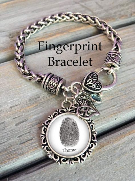 Fingerprint Bracelet – Now That's Personal! Fingerprint Bracelet, Fingerprint Jewelry Memorial, Memorial Tattoo Designs, Thumbprint Art, Fingerprint Jewelry, Granddaughter Gift, Memorial Keepsakes, Memorial Jewelry, Birthstone Charms