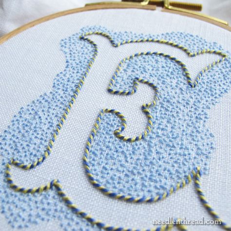 Voided Monogram E - Seed Stitch, Chain Stitch Embroidery Block Letters, Seed Stitch Embroidery, Diy Monogram Letters, Embroidery Samplers, Classic Embroidery, Embroidered Photo, Embroidery Letter, Lazy Daisy Stitch, Embroidered Letters