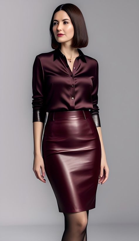 Office Attire Women, Satin Clothes, Leather Skirt Outfit, Seductive Clothes, Silky Blouse, Leather Pencil Skirt, Casual Chic Style, Beautiful Blouses, Professional Outfits