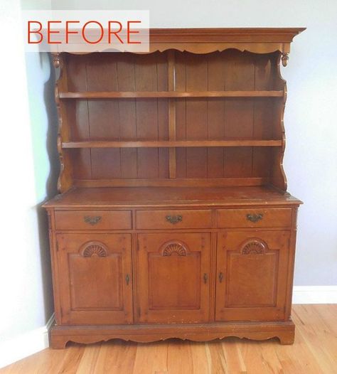 s 8 hutch makeovers we can t stop looking at, painted furniture, Before An old fashioned wood hutch Farmhouse Hutch Makeover, Small Living Room Makeover, Living Room Makeover Ideas, Hutch Furniture, White Hutch, Room Makeover Ideas, Farmhouse Hutch, Vintage Hutch, Chalk Paint Makeover