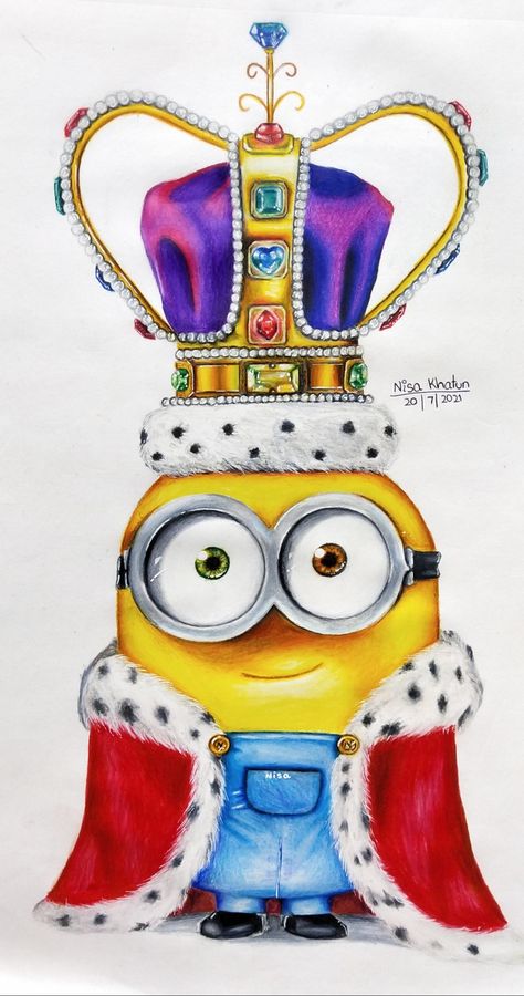 Disney Colour Pencil Drawing, Drawing Ideas Minions, Minions Cartoon Drawing, King Bob Drawing, Bob Minion Drawing, Minion Drawing Cute, Realistic Cartoon Drawings, Realistic Colour Pencil Drawings, King Bob Minion