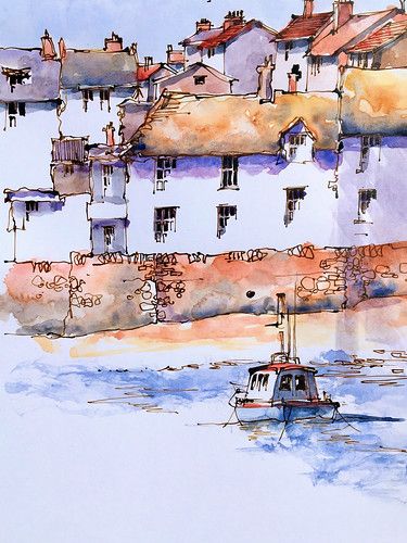 Line And Wash Watercolor Sketches, Line And Wash, Watercolour Wash, Loose Watercolor Paintings, Watercolor House Painting, Watercolor Art Landscape, Pen And Wash, Building Painting, Watercolor Architecture