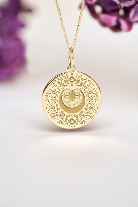 Our 14k Solid Gold Moon And Flowers Necklace can be personalized with a custom engraving on the back of the pendant.  It's a very nice gift for Birthdays, Anniversaries and Weddings. Moon represents calmness, beauty and nurturing. ● 14K SOLID GOLD ● FREE BACK SIDE PERSONALIZATION ● FREE SHIPPING  ● Inner diameter of the jump ring is 4mm ● Pendant thickness is 0.5mm 🇺🇸 All items are HANDMADE IN USA 🇺🇸 All materials are sourced from USA ● Chain Length Options    - Without Chain    - 40 cm / 16 Engraved Pendant Necklace, Laser Engraved Jewelry, Celestial Pendant, Moon Flowers, Magical Jewelry, Gold Moon, Celestial Jewelry, Gold Necklace Designs, Moon Jewelry