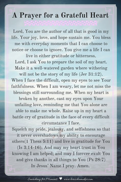 Is your heart in need of gratitude? Pray this prayer asking God to cultivate in you a grateful heart. Printable PDF available- #MomentsofHope #GratefulHeart Series - Lori Schumaker of Searching for Moments and Marva of SunSparkleShine Prayer Of Thanks, Prayers Of Gratitude, Everyday Prayers, Louise Hay, Good Prayers, Prayer Verses, Prayers For Healing, Prayer Board, Prayer Scriptures