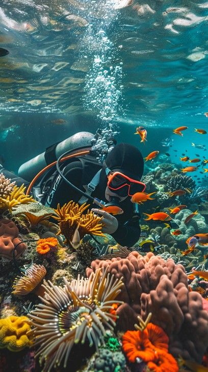 A diver explores the vibrant underwater world, surrounded by colorful coral reefs and tropical fish. Scuba Diving Coral Reef, Scuba Photography, Scuba Diving Aesthetic, Diving Aesthetic, Under Water World, Belize Barrier Reef, Dove Images, Fish Underwater, Tropical Water