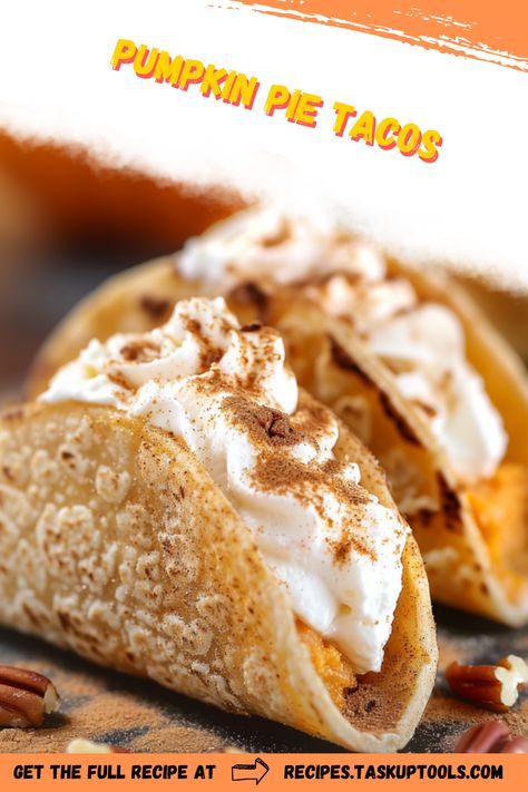 Discover a delightful twist on a classic autumn dessert with our Pumpkin Pie Tacos. Perfect for a cozy fall gathering or a sweet after-dinner treat, these tacos feature a warm, spiced pumpkin filling enveloped in a crispy shell. Topped with a dollop of whipped cream and a sprinkle of cinnamon, each bite captures the essence of your favorite harvest flavors. Enjoy a fusion of texture and taste in a way you've never experienced before. Ideal for pumpkin lovers looking to add a creative flair to their Pumpkin Pie Dessert Tacos, Pumpkin Pie Tacos Recipe, Pumpkin Pie Taco, Thanksgiving Creative Food, Pumpkin Pie Tacos, Thanksgiving Deserts Creative, Taco Dessert Ideas, Pumpkin Tacos, Recipe For Pumpkin Pie