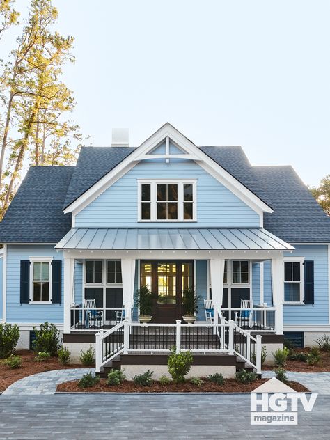 Nautical Blue House Exterior, Light Blue Colonial House Exterior, Light Blue House With Shutters, Light Blue And White House Exterior, Periwinkle Blue House Exterior, Light Blue House Black Shutters, Powder Blue Exterior House, I Want A White House With Blue Shutters, Costal Blue House Exterior