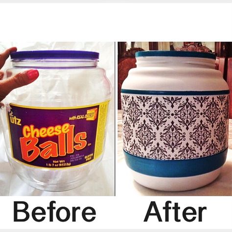 3 hrs and 4 coats of paint later, I finally finished transforming a Cheese Balls container into a decorative storage container. Painted Containers, Reuse Plastic Containers, Repurposed Containers, Recycle Preschool, Tide Pods Container, Container Decoration, Freezer Organizer, Cookie Containers, Recycled Containers