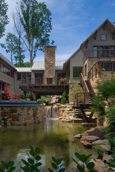 Beautiful Bridge House Suspended Across A Ravine In Ohio Bridge House, Riverside House, Office Architecture, Rustic Exterior, Waterfall Design, Mansions Luxury, Contemporary House Design, House Goals, Contemporary Landscape