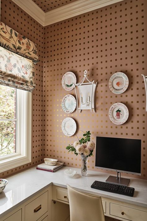 Sharing a divine nook from a tudor project by Tori Rubinson Interiors. Styled by Melanie McKinley. Photo by Stephen Karlisch. Let's talk! Tori Rubinson, Wooden Accent Chair, Gold Metallic Wallpaper, Wooden Desk Chairs, Blue Laundry Rooms, Upholstered Desk Chair, Blue Shelves, Porch Paint, Blue Floral Wallpaper