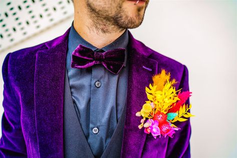 Where exactly do we begin with Simon and Vanessa’s intensely rainbow wedding? This may be one of the most eye-wateringly rainbowtastic weddings we’ve ever seen! Vanessa loves all things colourful and her vibrant, fun personality matches her aesthetic perfectly. This naturally bled into their vision for their wedding. For more alternative wedding inspiration check out Rock n Roll Bride. Rainbow Suit, Catbird Nyc, Alternative Wedding Inspiration, Rainbow Wedding Dress, Buttonhole Flowers, Groom's Attire, Multicolor Wedding, Her Aesthetic, Fun Personality