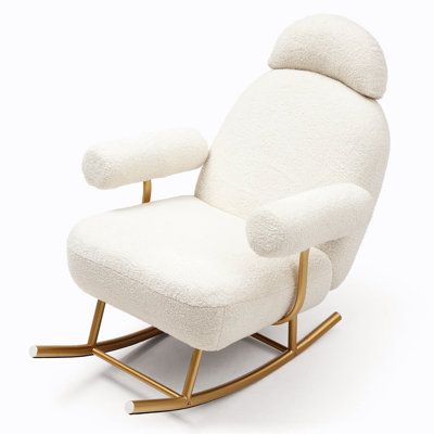 Upholstered with premium breathable fluffy faux fur sherpa fabric, soft and skin-friendly. Modern unique design with golden rocking base make this rocker glider chair look warm, elegant and light luxury. Fabric: Beige | Mercer41 Novalene Rocking Chair Metal, Size 40.9 H x 30.3 W x 38.2 D in | Wayfair Rocker Glider, Nursery Rocking Chair, Metal Rocking Chair, Upholstered Rocking Chairs, Modern Rocking Chair, Comfy Armchair, Wood Rocking Chair, Rocking Chair Nursery, Teddy Fabric