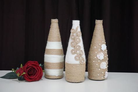 Twine Wine Bottles, Bottle Art Ideas, Jute Crafts, Bottle Craft, Jute Rope, Jar Crafts, Home Decoration Ideas, Educational Videos, Bottle Art