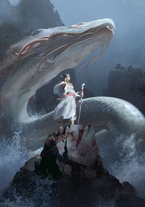 Concept Art World, White Snake, Concept Artist, White Dragon, Fantasy Creatures Art, Dragon Artwork, Mythical Creatures Art, Fantasy Aesthetic, 판타지 아트